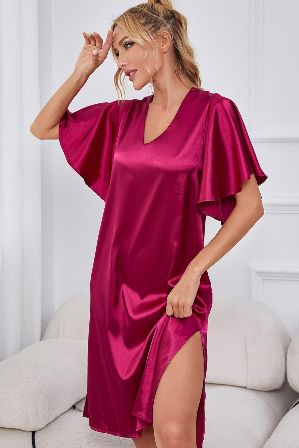 Florence | Satin Flutter Sleeve Side Slit V - Neck Night Dress - 101100785064615 - Bridal Party Robes - Ivory & White