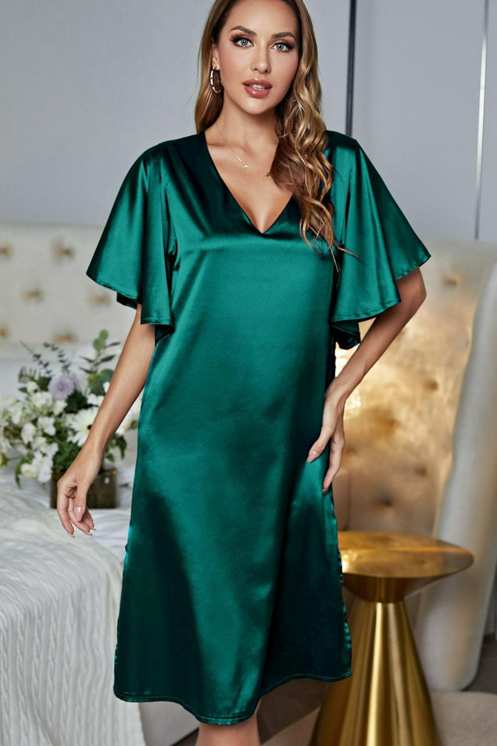 Florence | Satin Flutter Sleeve Side Slit V - Neck Night Dress - 101100785067850 - Bridal Party Robes - Ivory & White