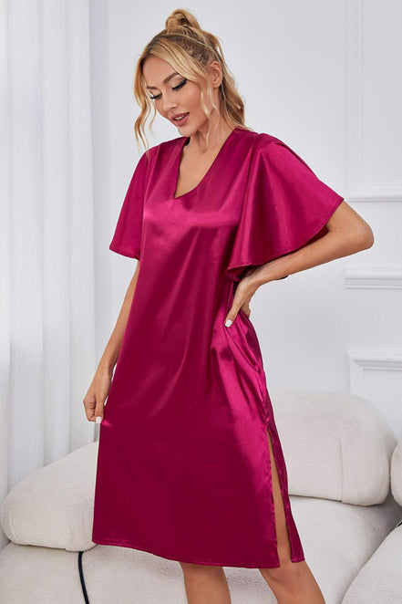 Florence | Satin Flutter Sleeve Side Slit V - Neck Night Dress - 101100785064615 - Bridal Party Robes - Ivory & White