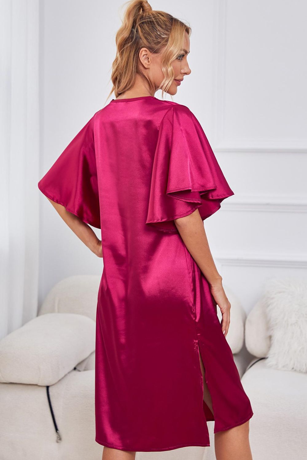Florence | Satin Flutter Sleeve Side Slit V - Neck Night Dress - 101100785064615 - Bridal Party Robes - Ivory & White