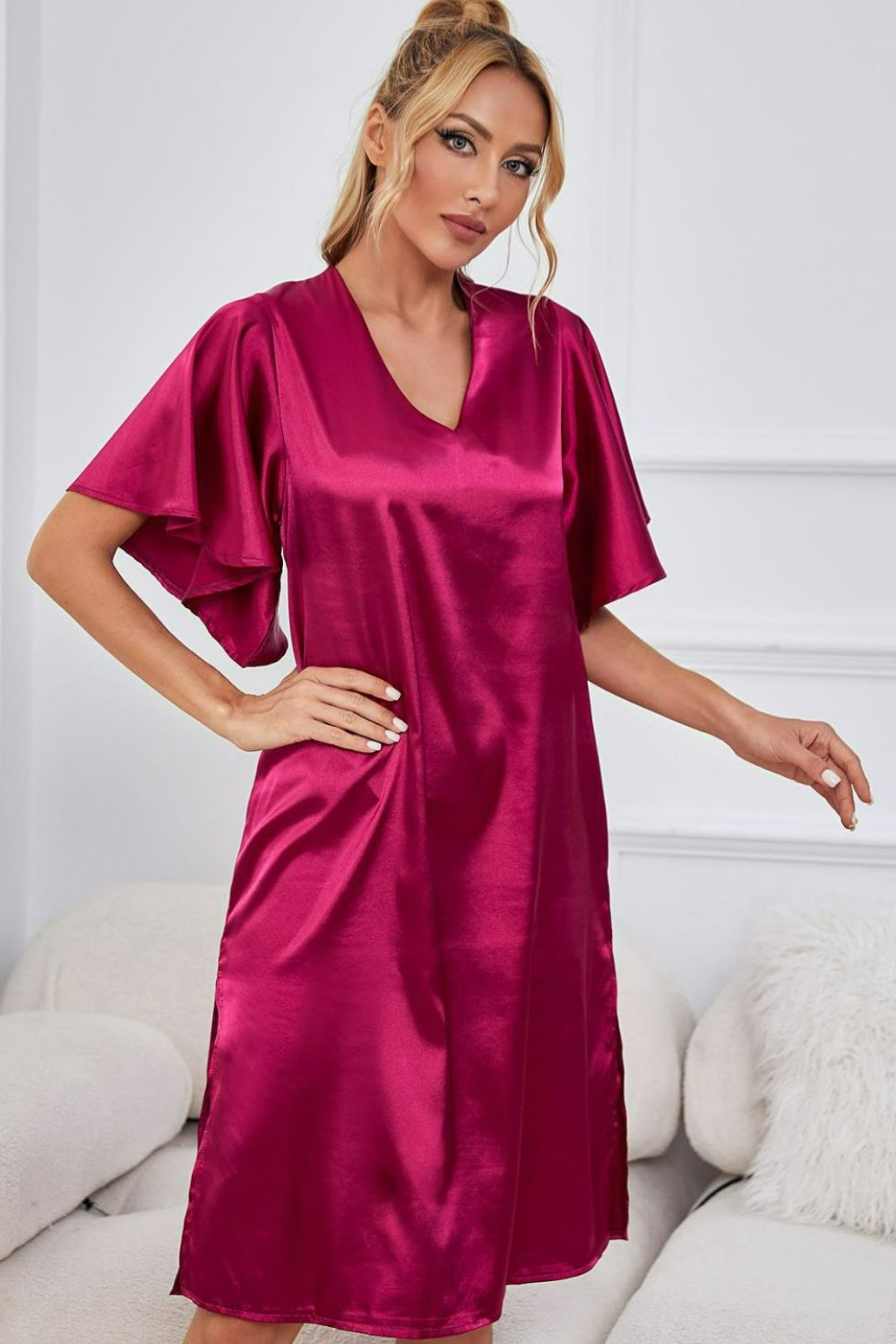 Florence | Satin Flutter Sleeve Side Slit V - Neck Night Dress - 101100785064615 - Bridal Party Robes - Ivory & White
