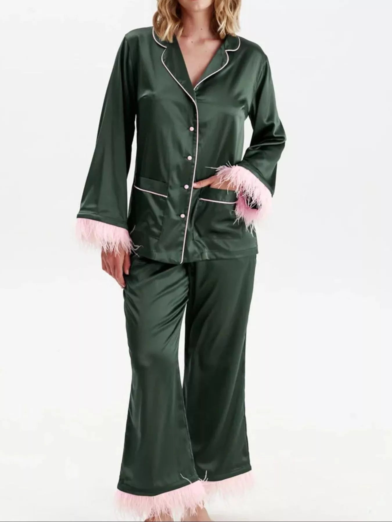 Gianna | Silky Button Up Top and Pants Lounge Set - 100100445076100 - Bridal Party Robes - Ivory & White