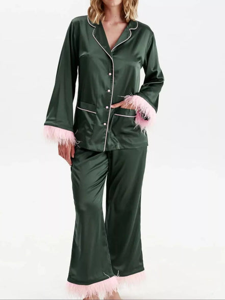 Gianna | Silky Button Up Top and Pants Lounge Set - 100100445076100 - Bridal Party Robes - Ivory & White