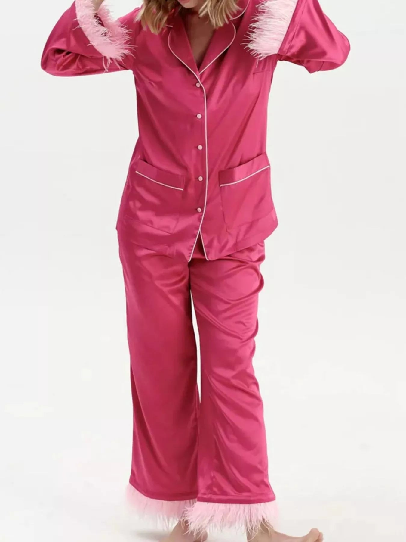 Gianna | Silky Button Up Top and Pants Lounge Set - 100100445074188 - Bridal Party Robes - Ivory & White