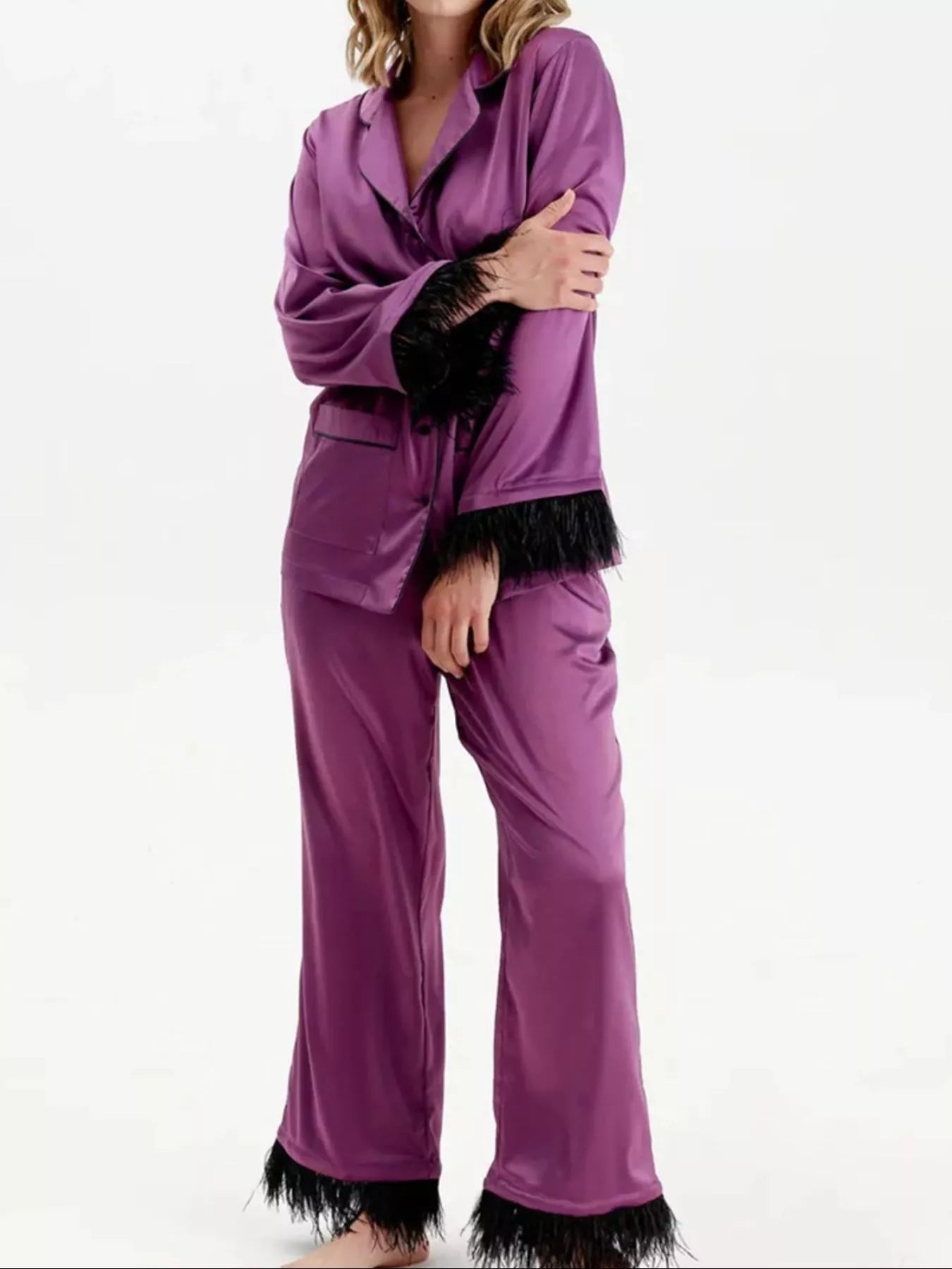 Gianna | Silky Button Up Top and Pants Lounge Set - 100100445077583 - Bridal Party Robes - Ivory & White