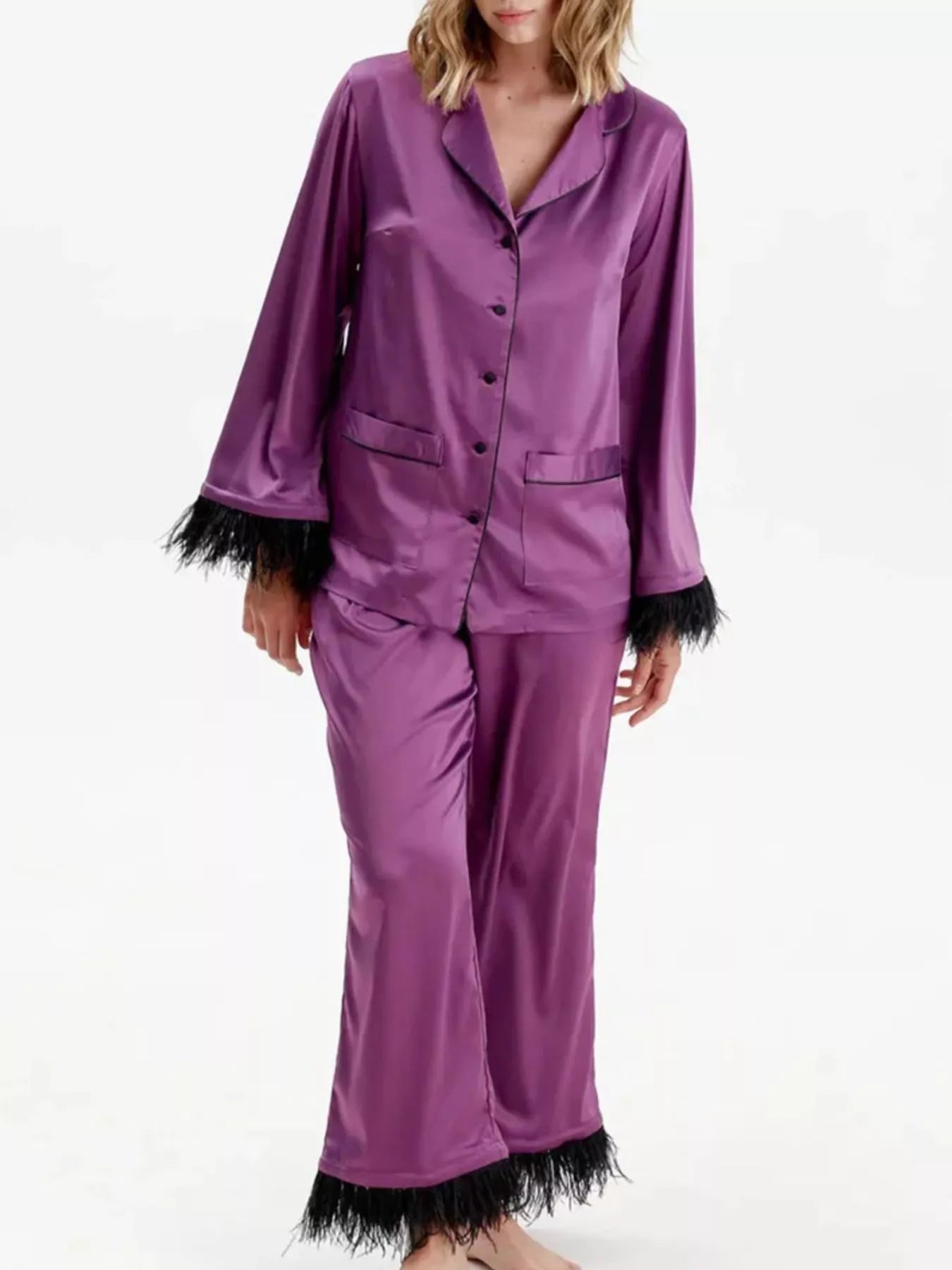 Gianna | Silky Button Up Top and Pants Lounge Set - 100100445077583 - Bridal Party Robes - Ivory & White