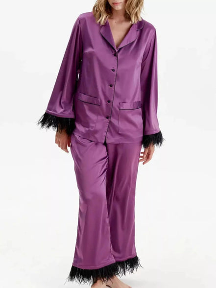 Gianna | Silky Button Up Top and Pants Lounge Set - 100100445077583 - Bridal Party Robes - Ivory & White