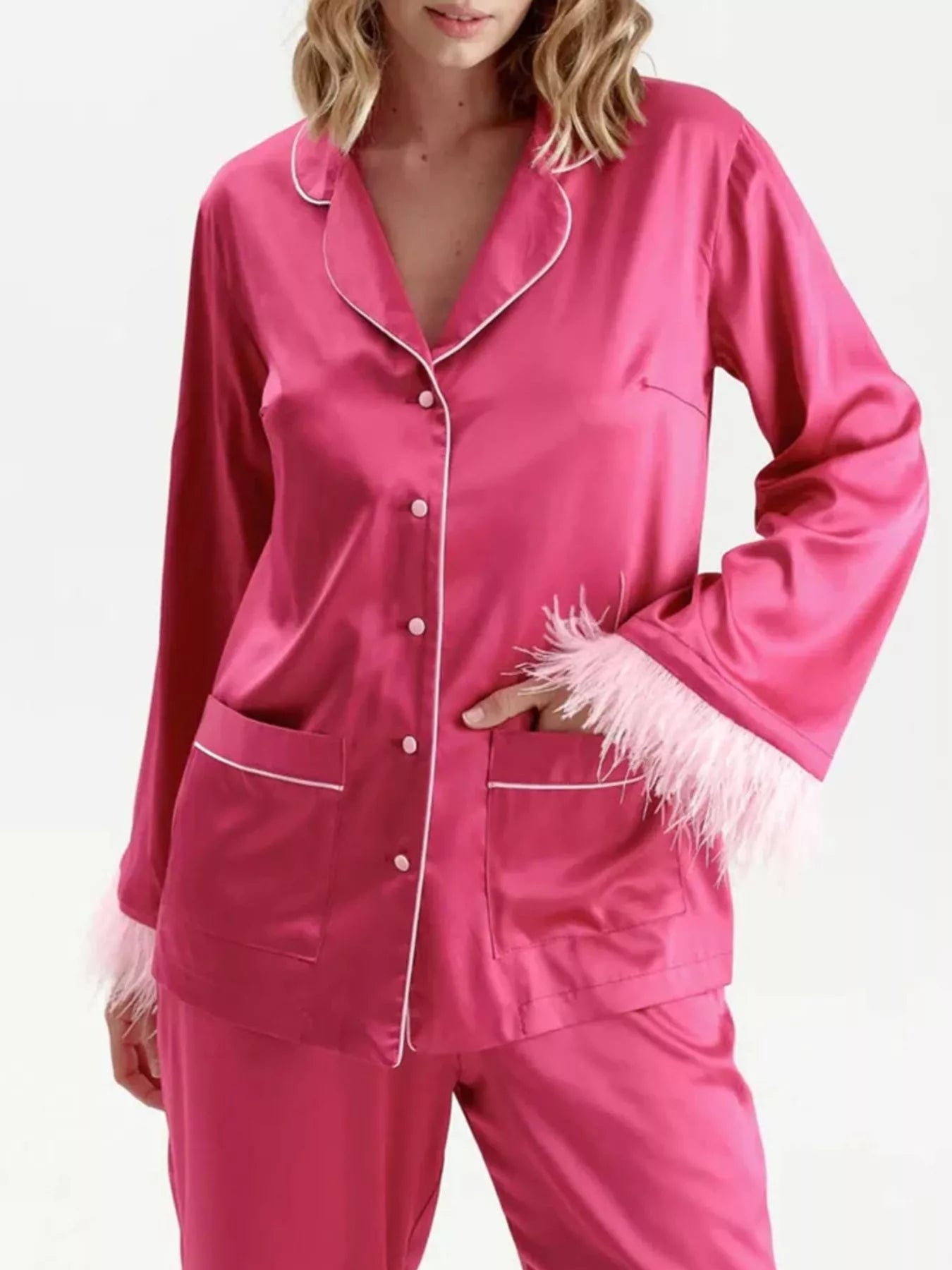 Gianna | Silky Button Up Top and Pants Lounge Set - 100100445074188 - Bridal Party Robes - Ivory & White