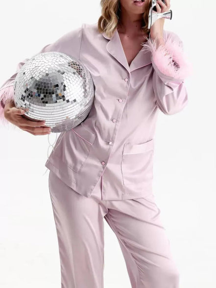 Gianna | Silky Button Up Top and Pants Lounge Set - 100100445076716 - Bridal Party Robes - Ivory & White