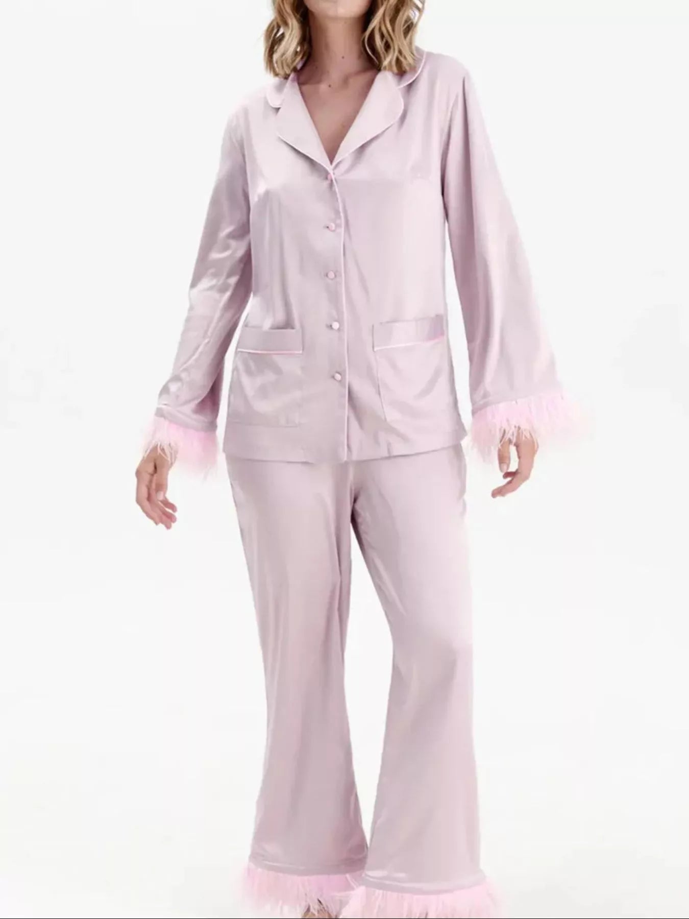 Gianna | Silky Button Up Top and Pants Lounge Set - 100100445076716 - Bridal Party Robes - Ivory & White