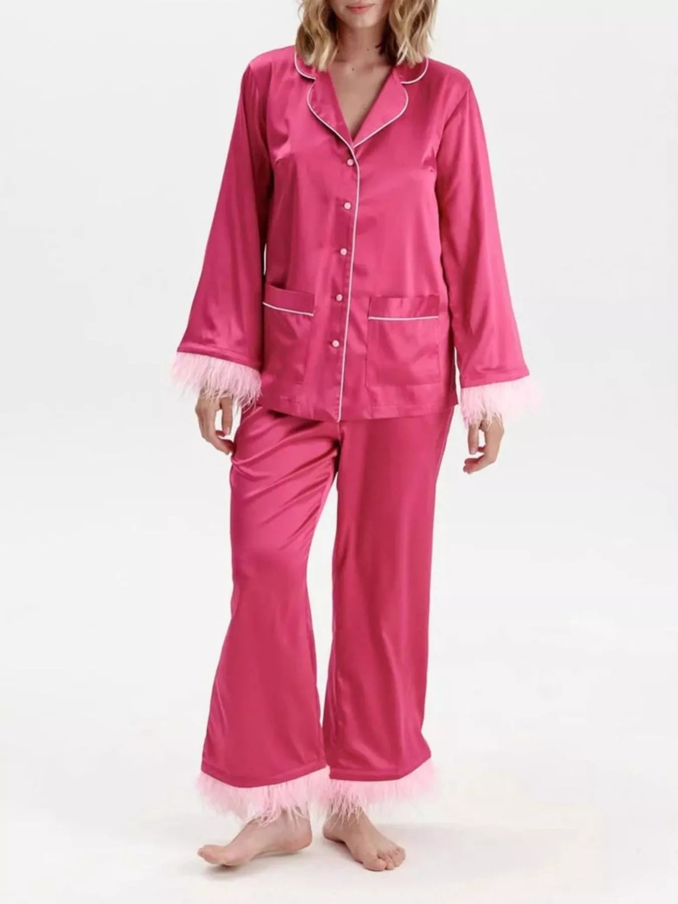 Gianna | Silky Button Up Top and Pants Lounge Set - 100100445074188 - Bridal Party Robes - Ivory & White