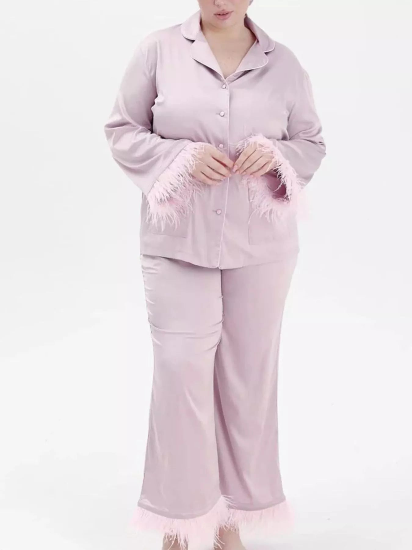 Gianna | Silky Button Up Top and Pants Lounge Set - 100100445076716 - Bridal Party Robes - Ivory & White