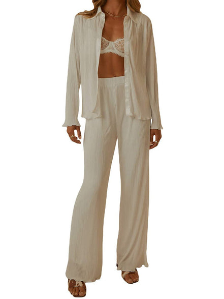 Ingrid | Collared Long Sleeve Lounge Set - 100100315184340 - Bridal Party Robes - Ivory & White
