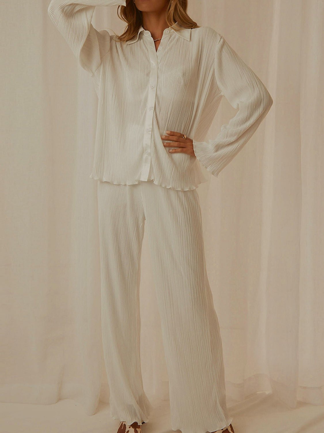 Ingrid | Collared Long Sleeve Lounge Set - 100100315181855 - Bridal Party Robes - Ivory & White