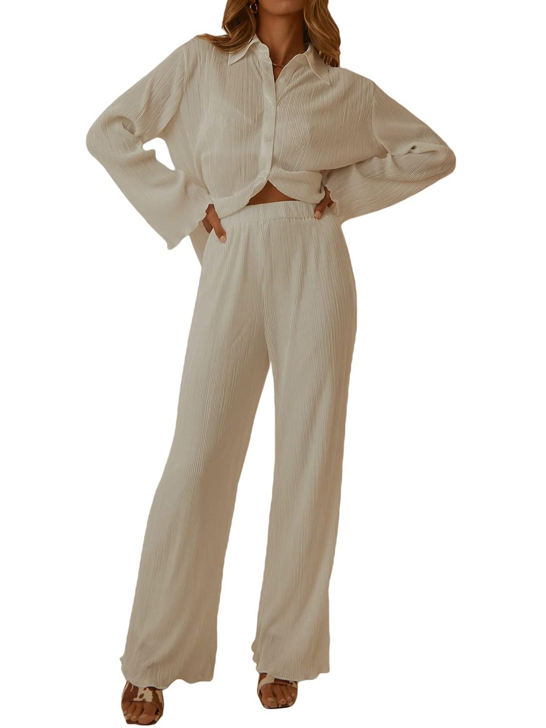 Ingrid | Collared Long Sleeve Lounge Set - 100100315184340 - Bridal Party Robes - Ivory & White