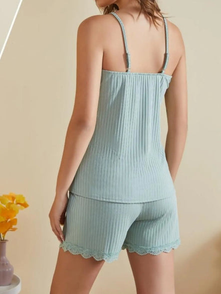 Ivy | Lace - Trimmed Ribbed Cami and Shorts Lounge Set - 100100739221789 - Bridal Party Robes - Ivory & White