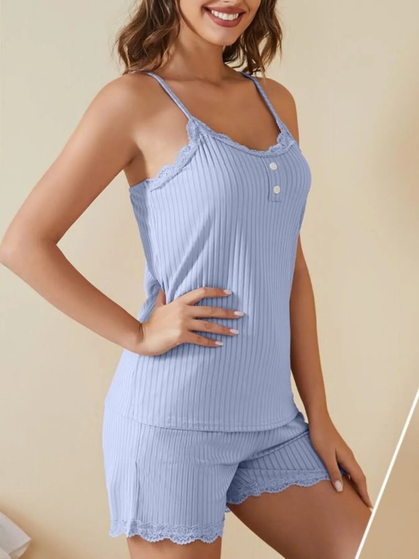 Ivy | Lace - Trimmed Ribbed Cami and Shorts Lounge Set - 100100739226656 - Bridal Party Robes - Ivory & White