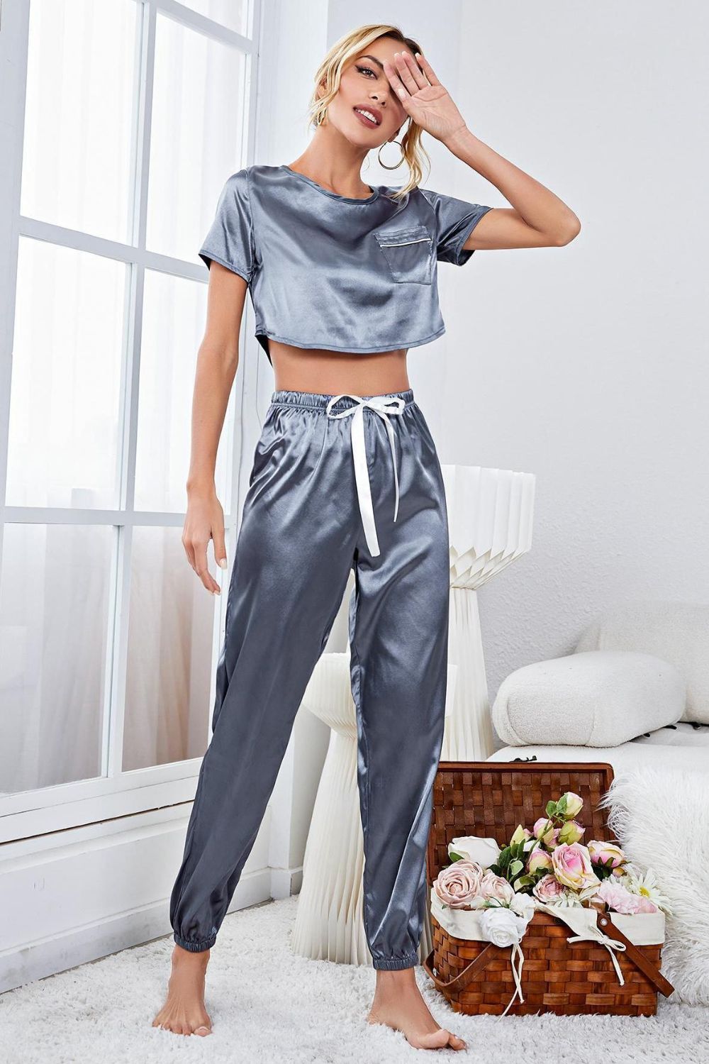 Janice | Satin Short Sleeve Crop Top and Joggers Lounge Set - 100100750201865 - Bridal Party Robes - Ivory & White