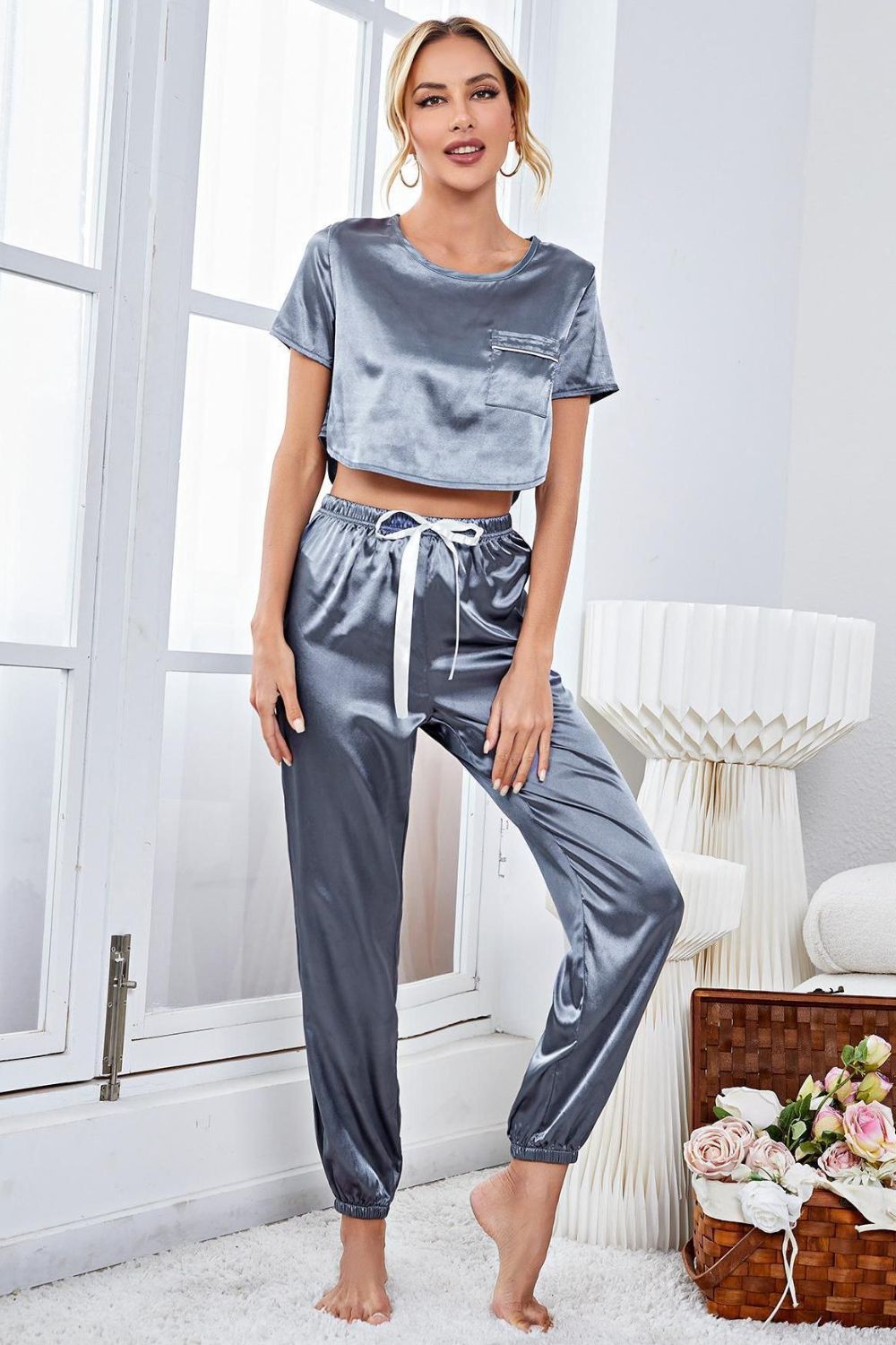 Janice | Satin Short Sleeve Crop Top and Joggers Lounge Set - 100100750201865 - Bridal Party Robes - Ivory & White