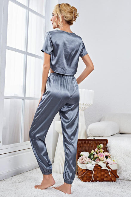 Janice | Satin Short Sleeve Crop Top and Joggers Lounge Set - 100100750201865 - Bridal Party Robes - Ivory & White