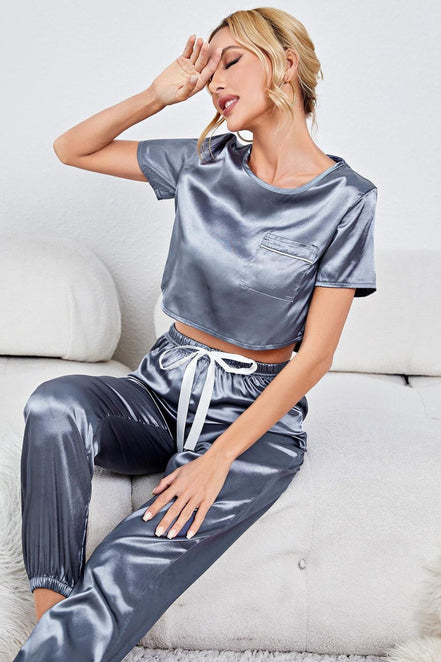 Janice | Satin Short Sleeve Crop Top and Joggers Lounge Set - 100100750201865 - Bridal Party Robes - Ivory & White