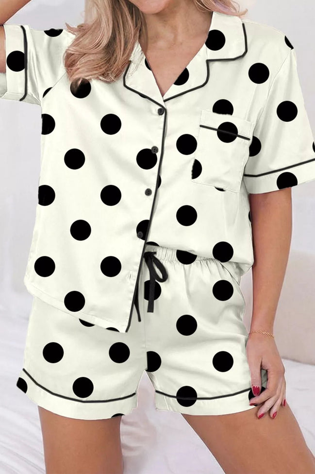 Josie | Polka Dot Button Up Top and Shorts Lounge Set - 100100243241922 - Bridal Party Robes - Ivory & White