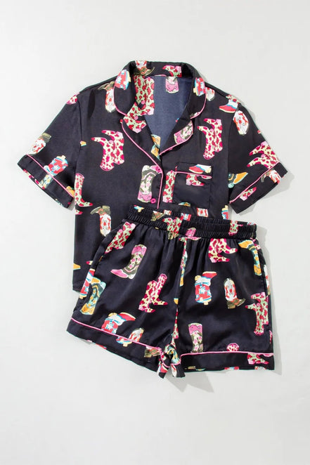 Maddox | Printed Button Up Short Sleeve Top and Shorts Lounge Set - 100100585931820 - Bridal Accessories - Ivory & White
