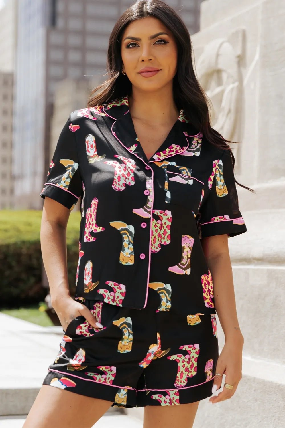 Maddox | Printed Button Up Short Sleeve Top and Shorts Lounge Set - 100100585931820 - Bridal Accessories - Ivory & White