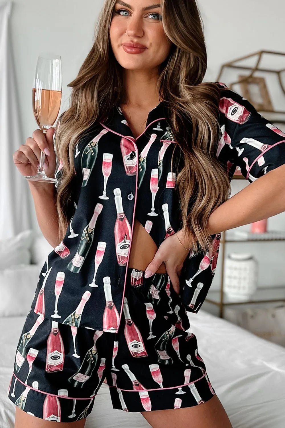 Margaux | Champagne Print Short Sleeve Top and Shorts Set - 100100880760354 - Bridal Party Robes - Ivory & White