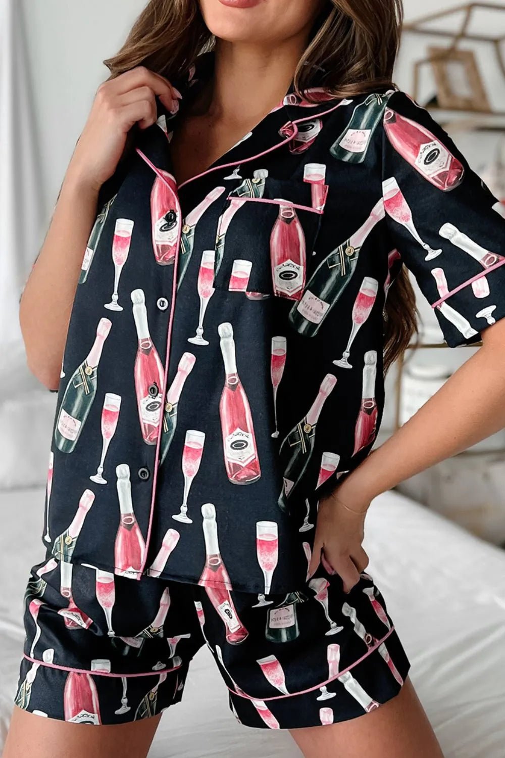 Margaux | Champagne Print Short Sleeve Top and Shorts Set - 100100880760354 - Bridal Party Robes - Ivory & White