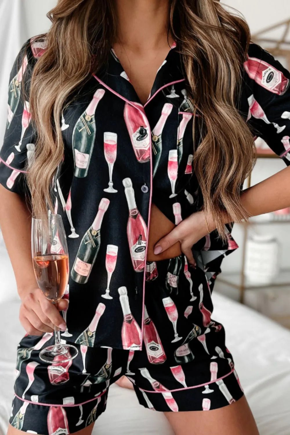Margaux | Champagne Print Short Sleeve Top and Shorts Set - 100100880760354 - Bridal Party Robes - Ivory & White