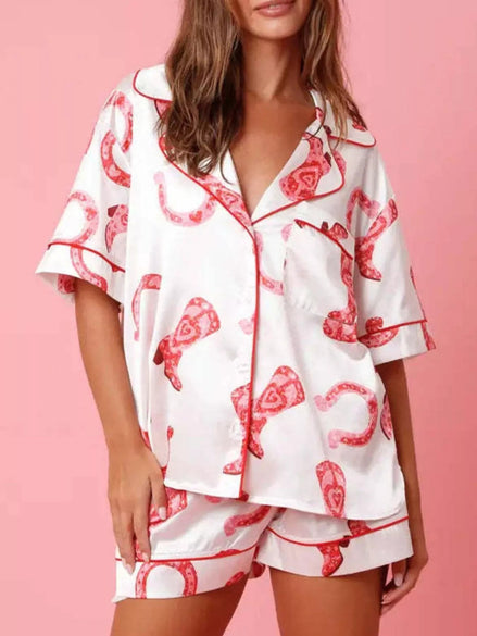 Marielle | Button Up Half Sleeve Shirt and Shorts Lounge Set - 100100353492003 - Bridal Party Robes - Ivory & White