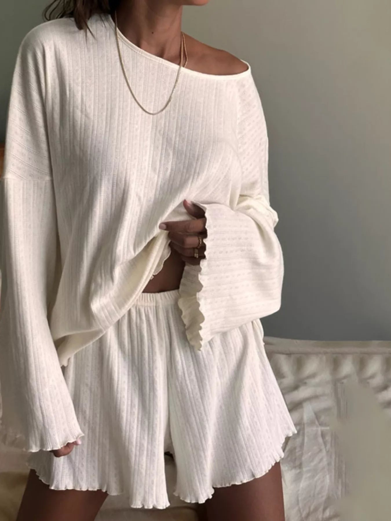 Monty | Ribbed Knit Long Sleeve Top and Shorts Lounge Set - 100100031369165 - Bridal Party Robes - Ivory & White