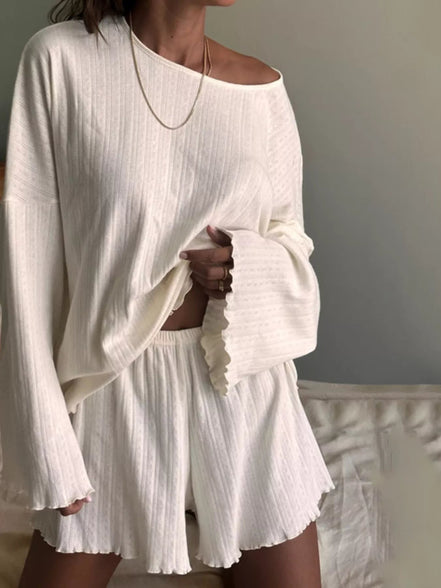 Monty | Ribbed Knit Long Sleeve Top and Shorts Lounge Set - 100100031369165 - Bridal Party Robes - Ivory & White