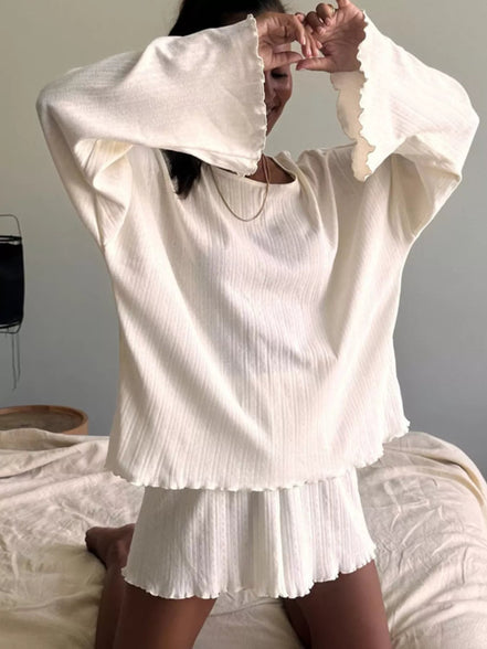 Monty | Ribbed Knit Long Sleeve Top and Shorts Lounge Set - 100100031369165 - Bridal Party Robes - Ivory & White
