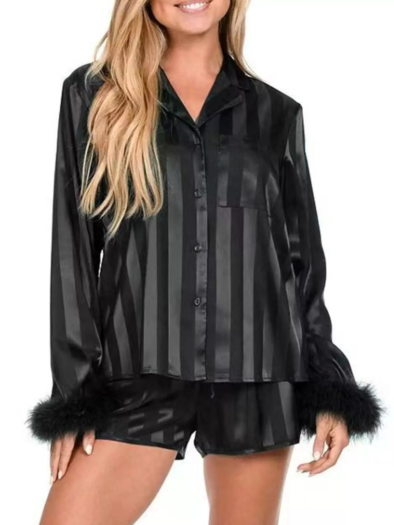 Nora | Striped Feather Trim Shirt and Shorts Lounge Set - 100100887246781 - Bridal Party Robes - Ivory & White