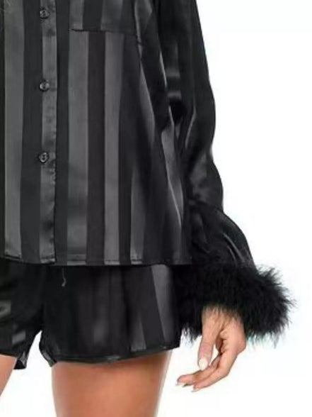 Nora | Striped Feather Trim Shirt and Shorts Lounge Set - 100100887246781 - Bridal Party Robes - Ivory & White