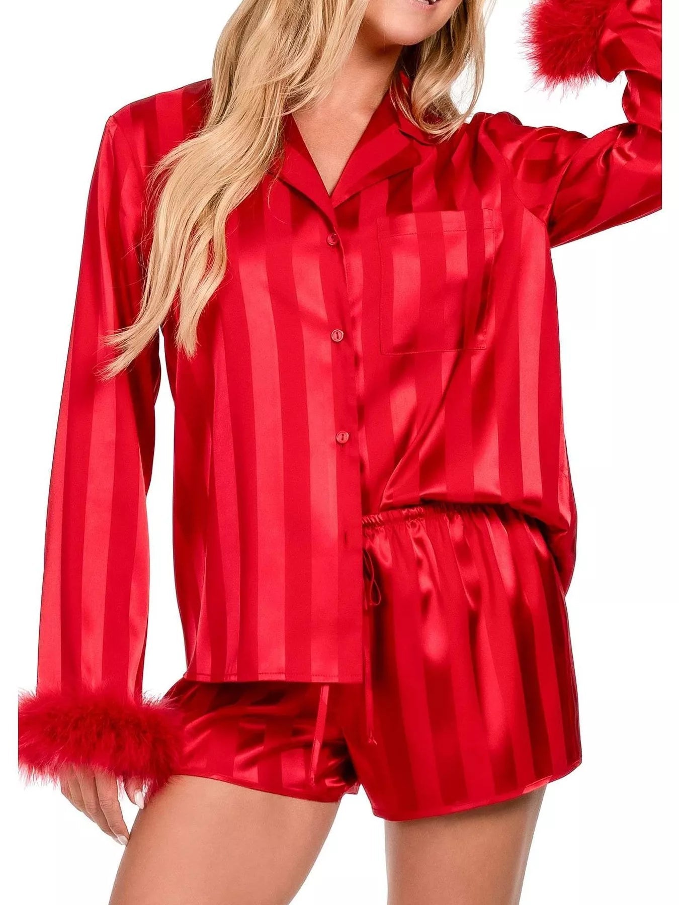 Nora | Striped Feather Trim Shirt and Shorts Lounge Set - 100100887241579 - Bridal Party Robes - Ivory & White