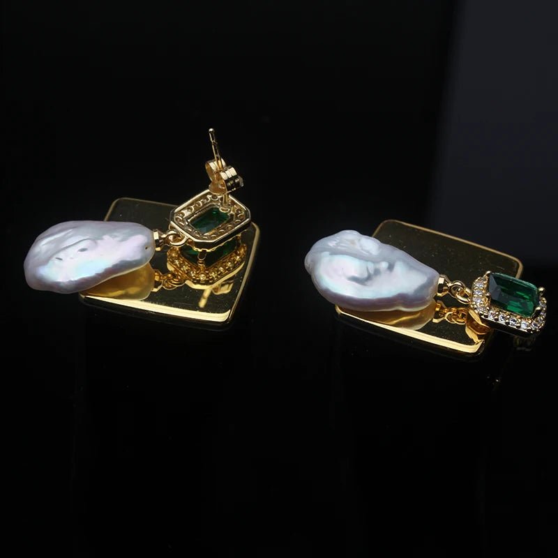 Riley | Emerald and Pearl Drop Stud Earrings - 200000226:29white pearl - Jewellery - Ivory & White
