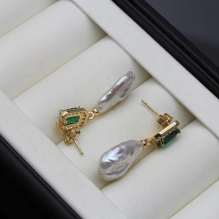 Riley | Emerald and Pearl Drop Stud Earrings - 200000226:29white pearl - Jewellery - Ivory & White
