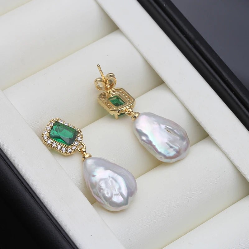 Riley | Emerald and Pearl Drop Stud Earrings - 200000226:29white pearl - Jewellery - Ivory & White