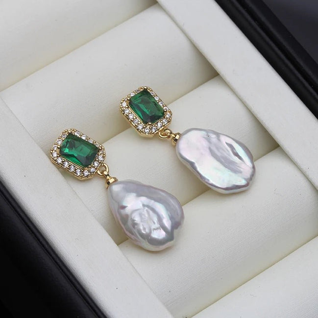 Riley | Emerald and Pearl Drop Stud Earrings - 200000226:29white pearl - Jewellery - Ivory & White