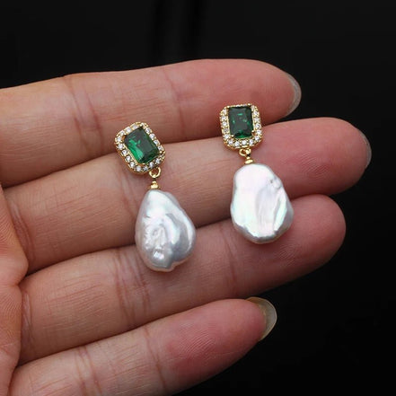Riley | Emerald and Pearl Drop Stud Earrings - 200000226:29white pearl - Jewellery - Ivory & White