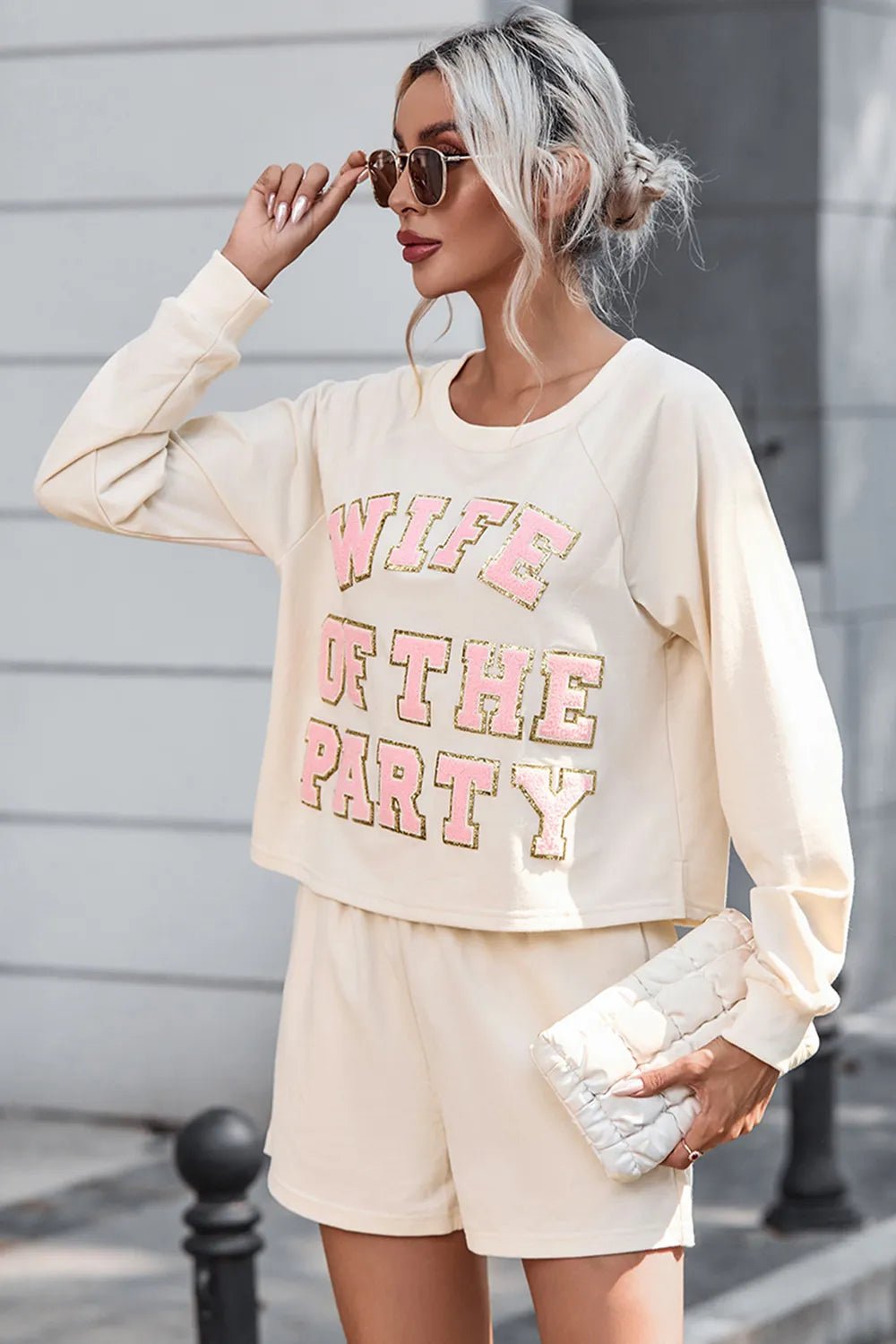 WIFE OF THE PARTY Round Neck Top and Shorts Set - 100100772030100 - Bridal Party Robes - Ivory & White