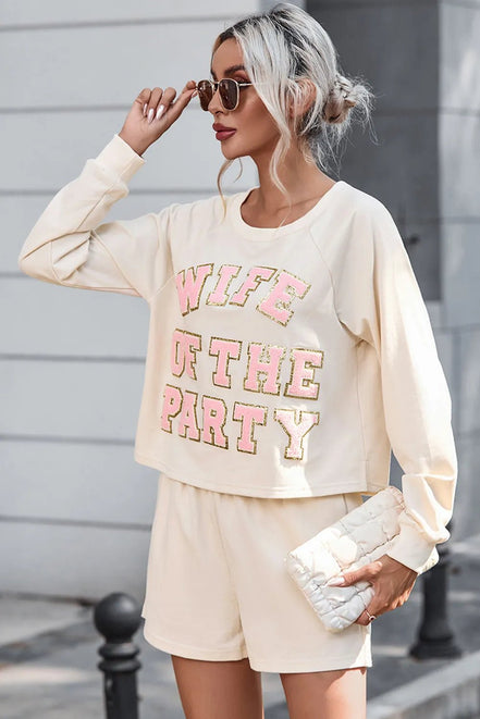 WIFE OF THE PARTY Round Neck Top and Shorts Set - 100100772030100 - Bridal Party Robes - Ivory & White