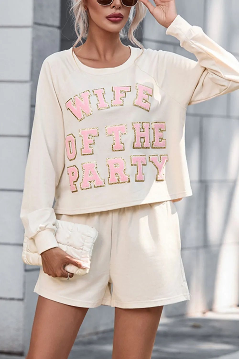 WIFE OF THE PARTY Round Neck Top and Shorts Set - 100100772030100 - Bridal Party Robes - Ivory & White