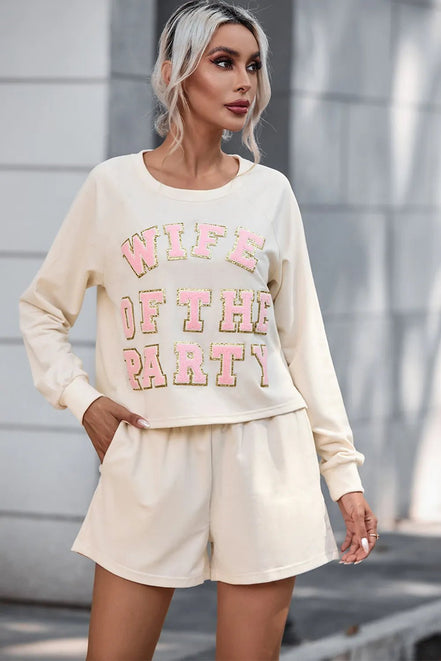 WIFE OF THE PARTY Round Neck Top and Shorts Set - 100100772030100 - Bridal Party Robes - Ivory & White