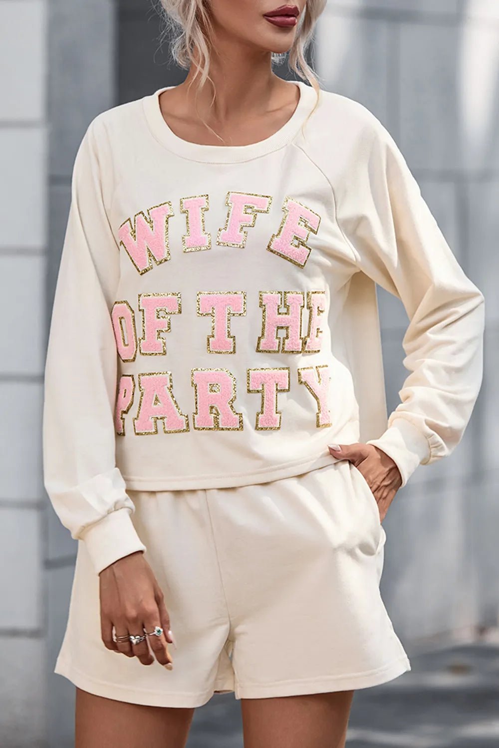 WIFE OF THE PARTY Round Neck Top and Shorts Set - 100100772030100 - Bridal Party Robes - Ivory & White